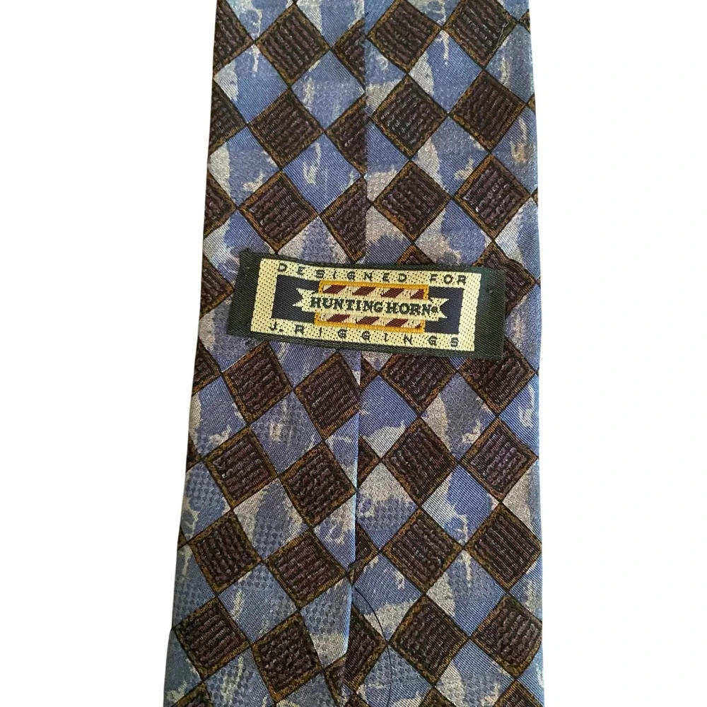 Hunting Horn J Riggins Mens Blue Brown Diamond Harlequin Pattern Silk Blend‎ Tie